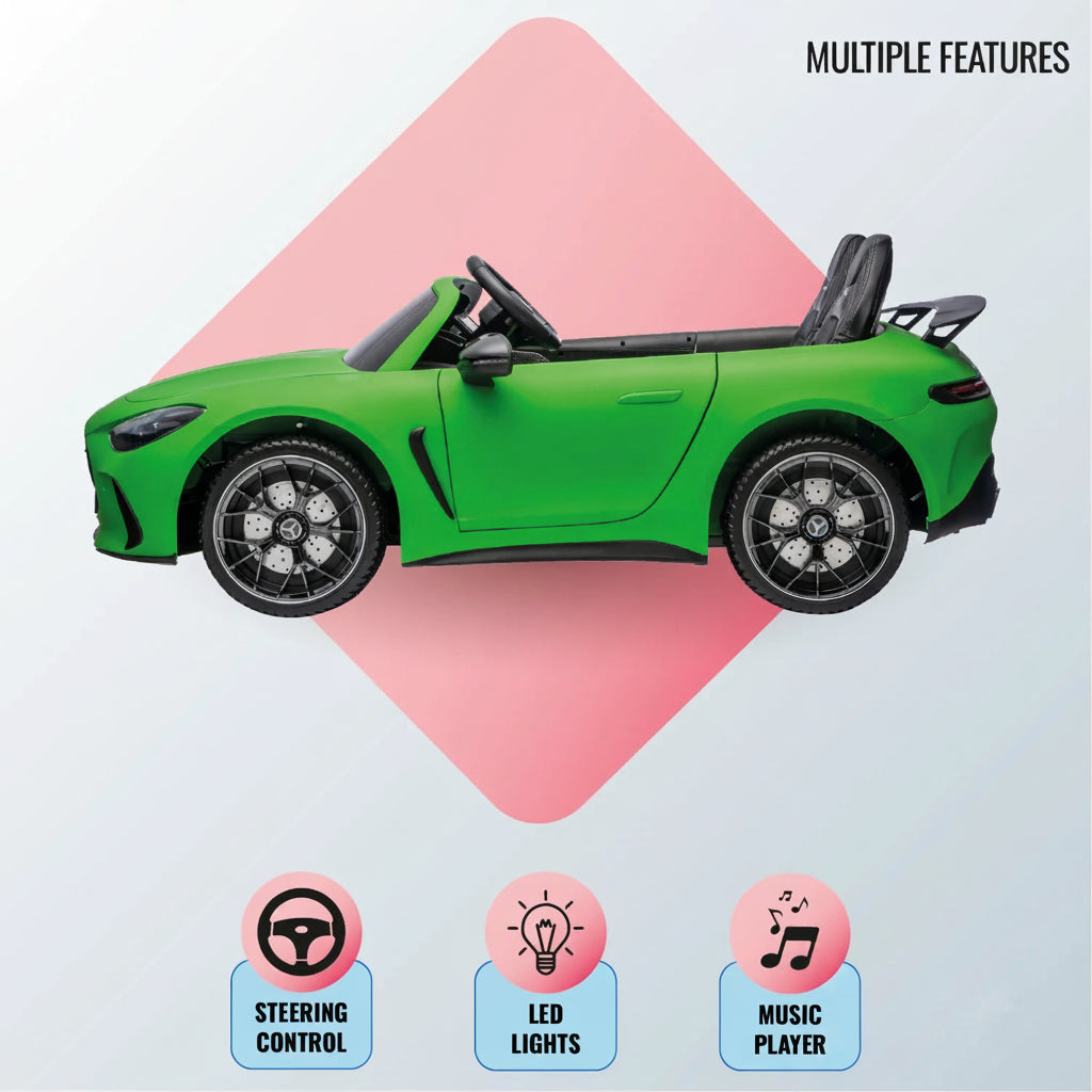 Green toy car with features like steering control, LED lights, music player