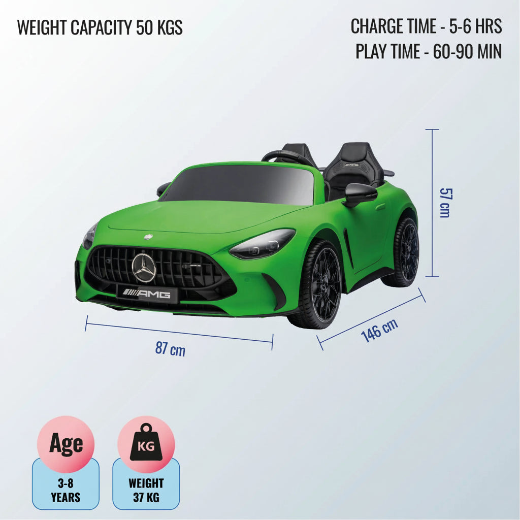 Green toy car with Mercedes-Benz logo, specifications
