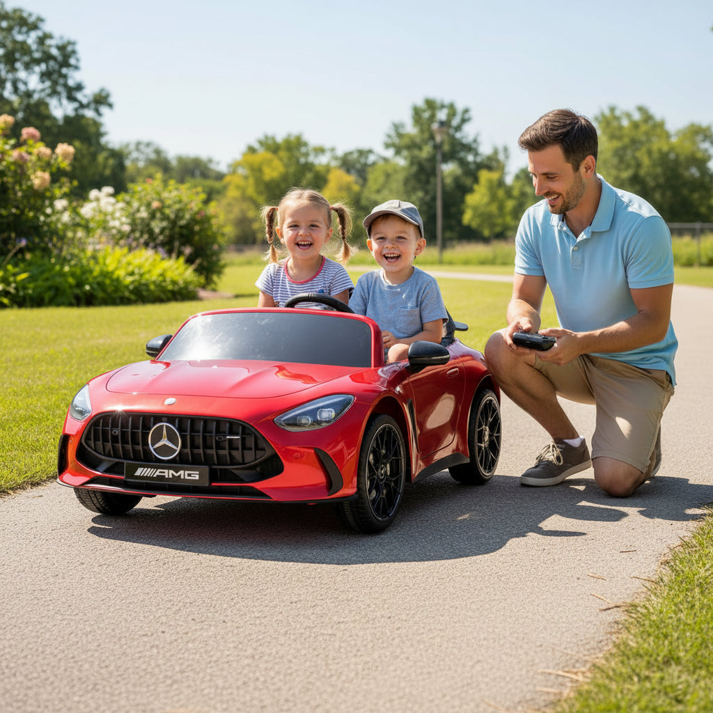 Red toy car with Mercedes-Benz AMG