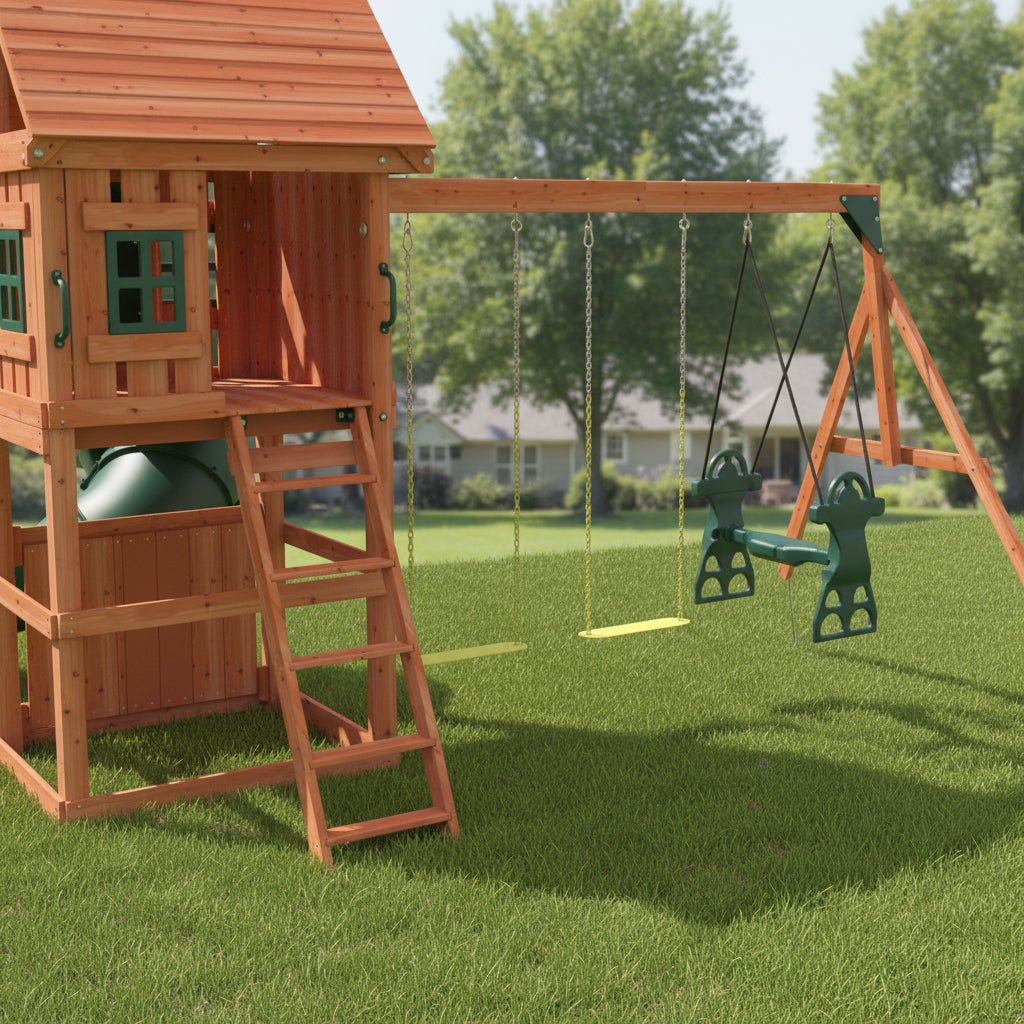 Wooden playset with swings