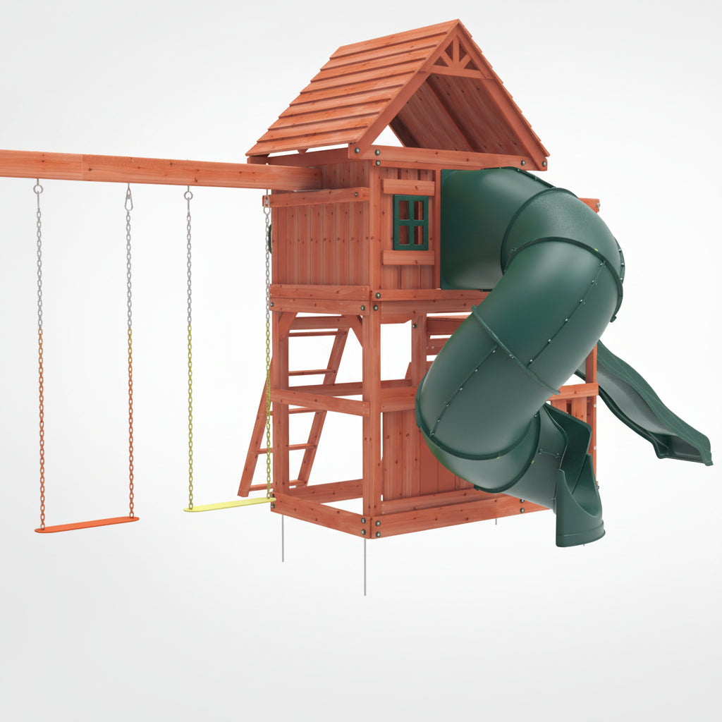 Kiddoro Little Heroes with a green slide and swings on a white background