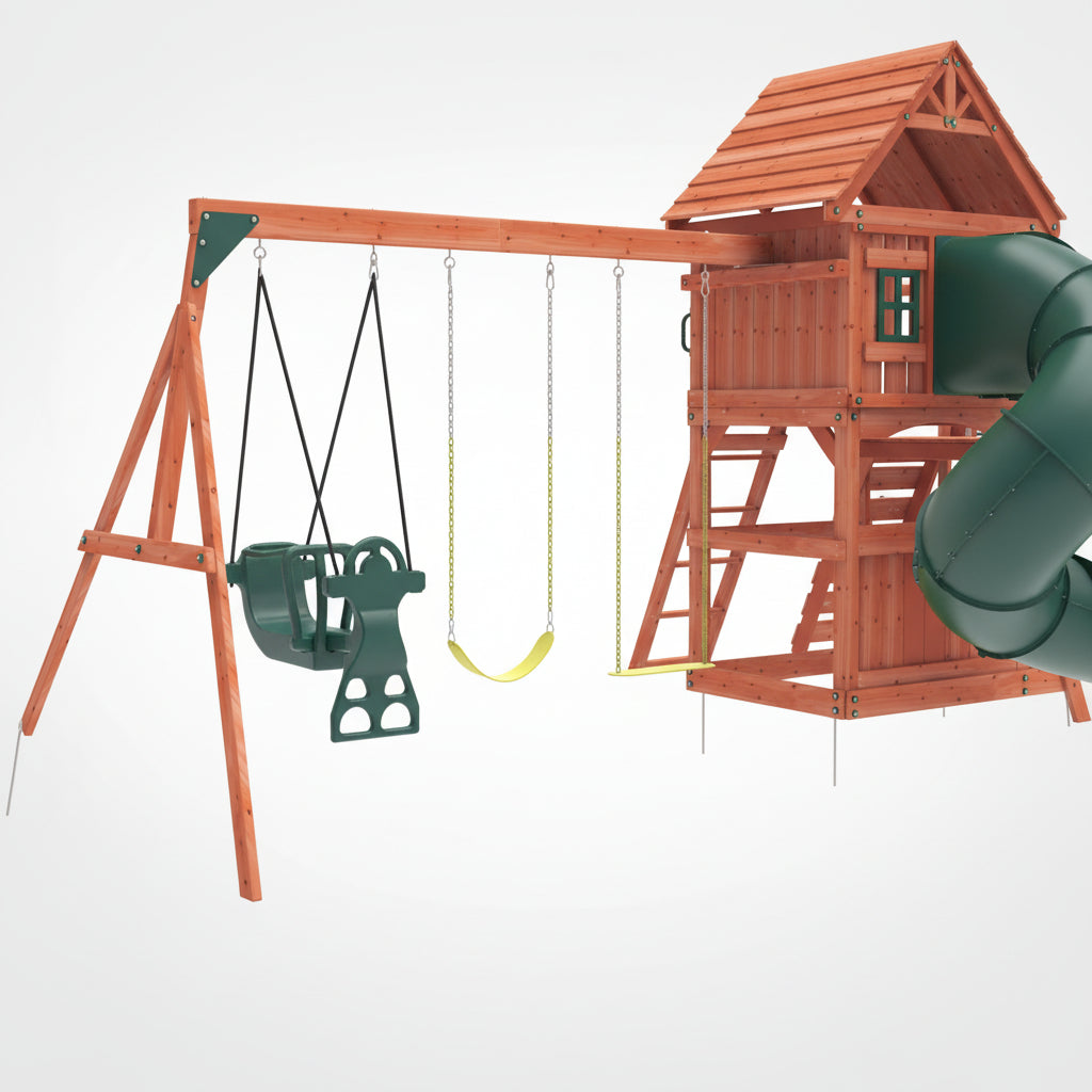Wooden playset with green swings 