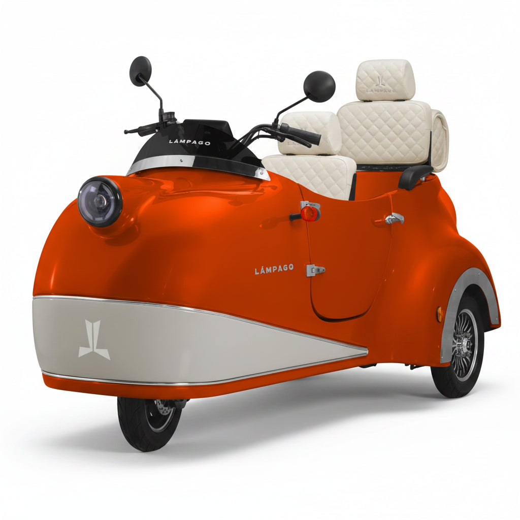 A stylish three-wheeled electric vehicle by LAMPAGO, featuring a vibrant orange body