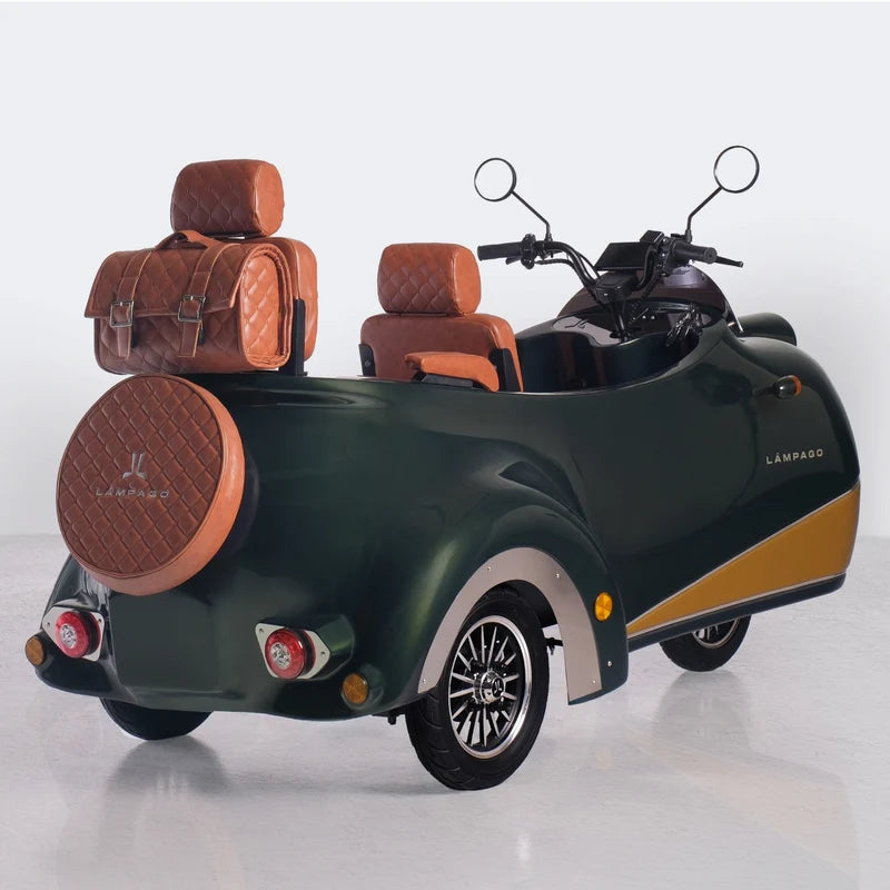 A vintage-style three-wheeled electric Scooter with leather seats and luggage bag