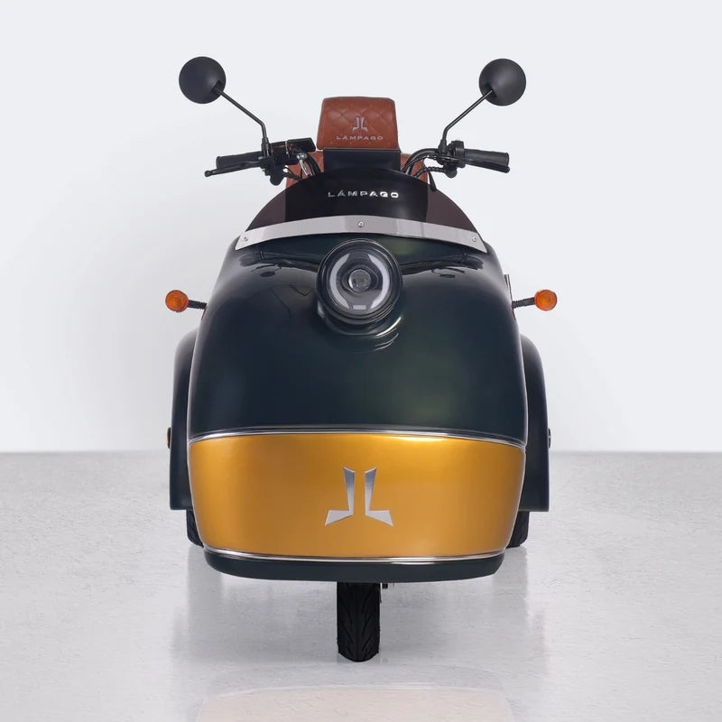 Front view of a Lamberto electric sidecar scooter with a dark green upper body