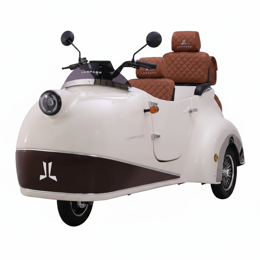 A 3-wheeled electric sidecar tricycle with a cream and dark brown body
