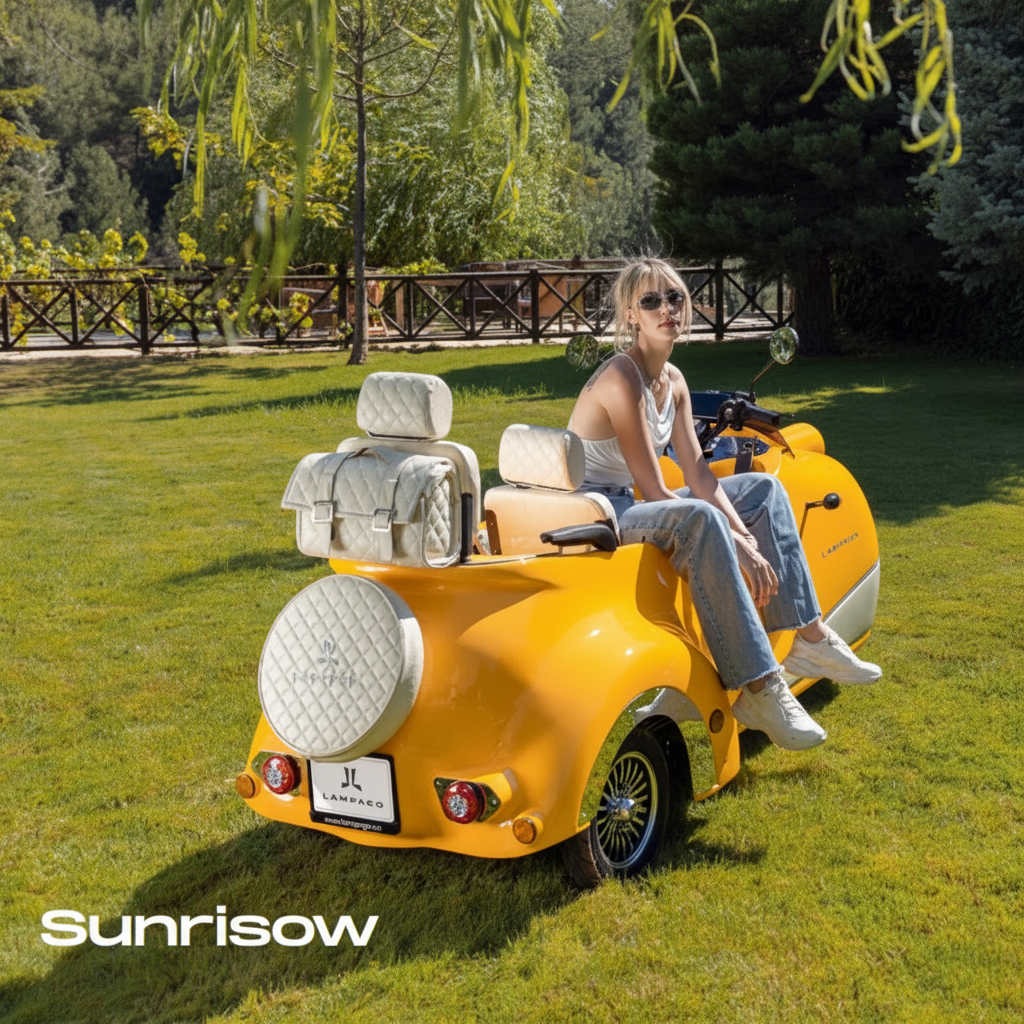 A woman sits in a yellow three-wheeled Electric Scooter