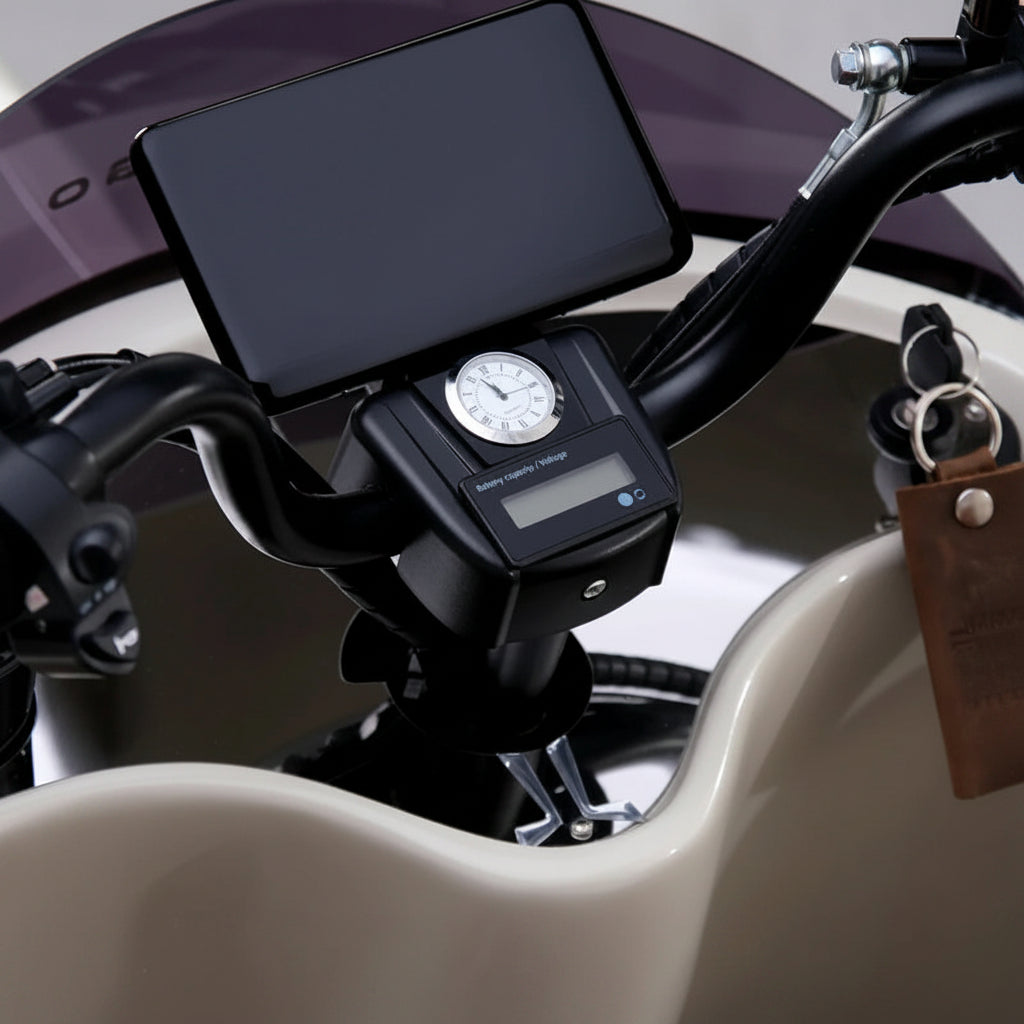 Close-up of a black electric scooter handlebar area with a mounted digital display screen