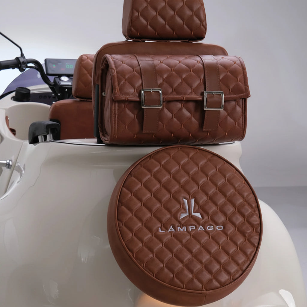 Brown quilted Electric Scooter for adults luggage set, including a saddle bag and matching round rear storage cover