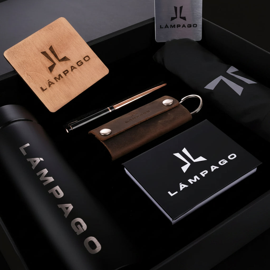 Collection of Lampago branded items including a pen, keychain, card, and tumbler