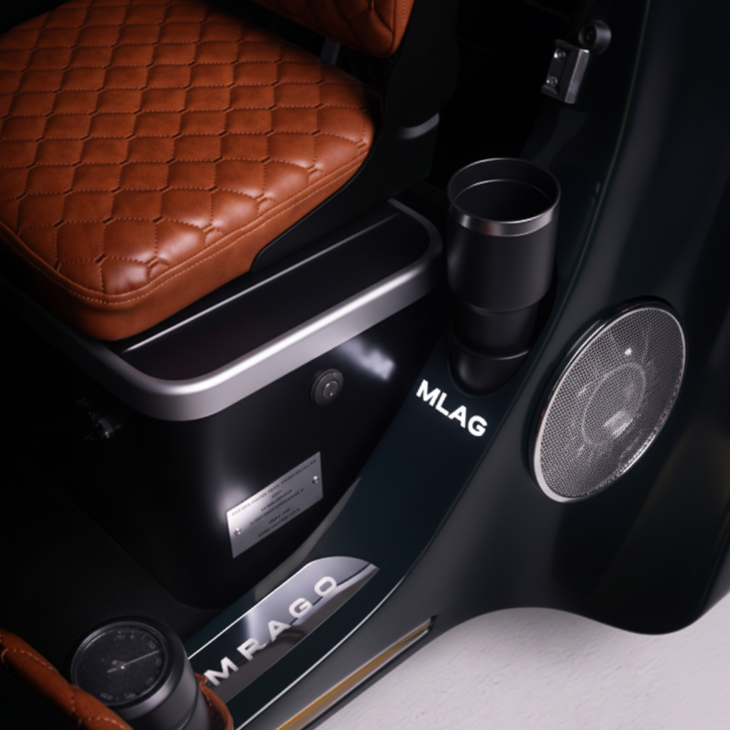 Close-up of a luxury Electric Scooter interior showing a quilted brown leather seat and black console
