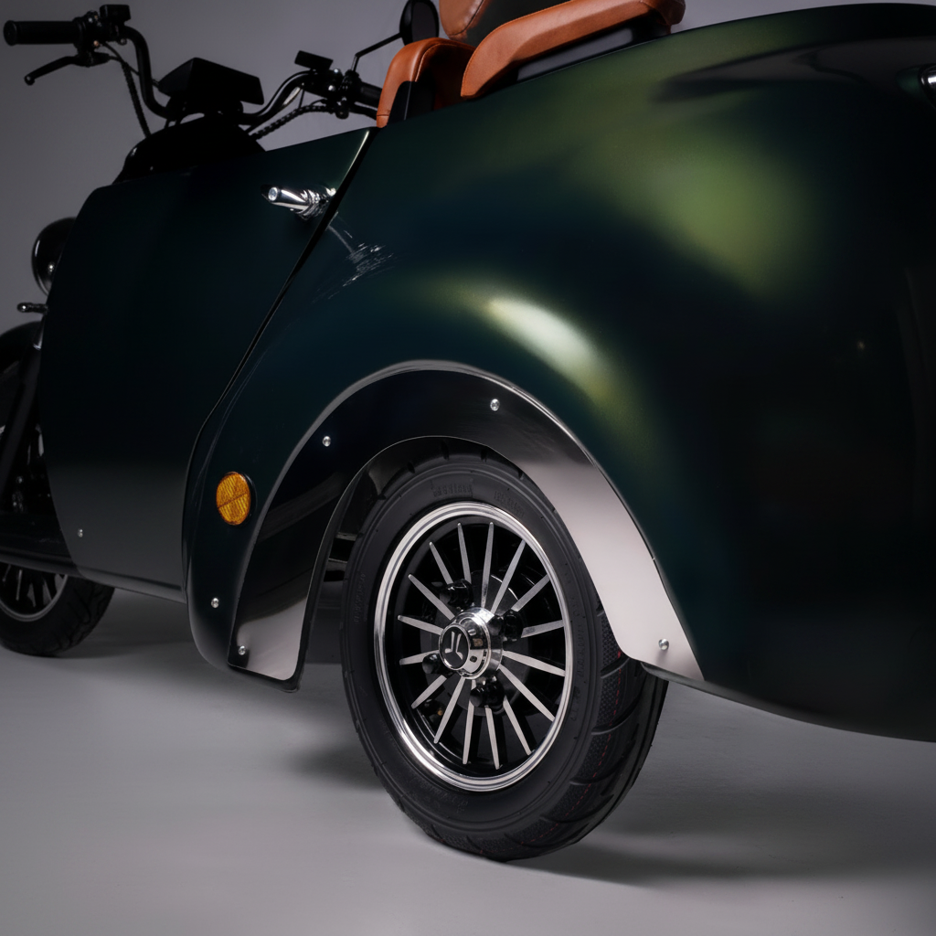 Close-up of a custom three-wheeled vehicle