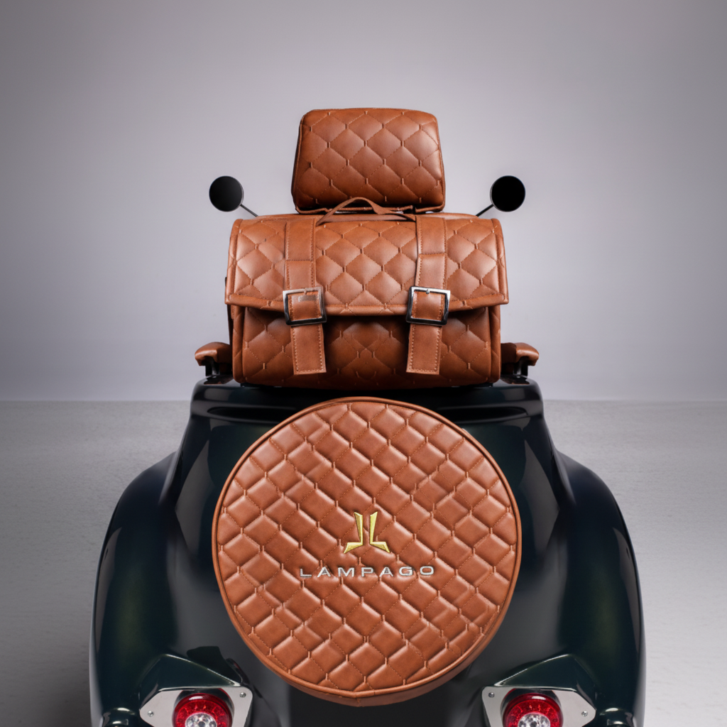 A brown leather luggage bag and a black vintage-style Electric Scooter