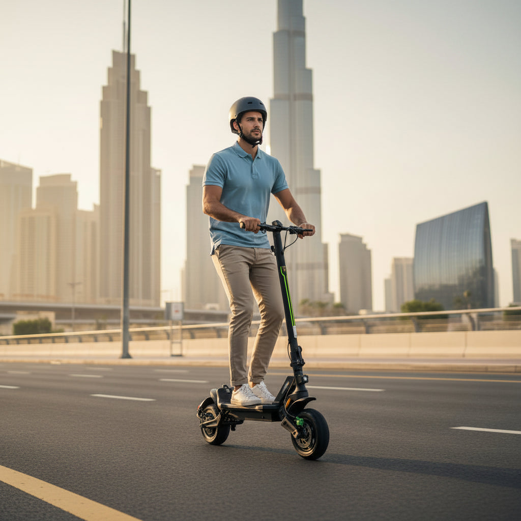 A man rides a 48V licensed Lamborghini ALEXT Urban Pro Foldable Electric Scooter on a city road  black