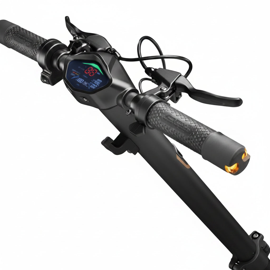 Close-up of a black Lamborghini ALEXT Urban Pro Electric Scooter handlebar with a digital display screen