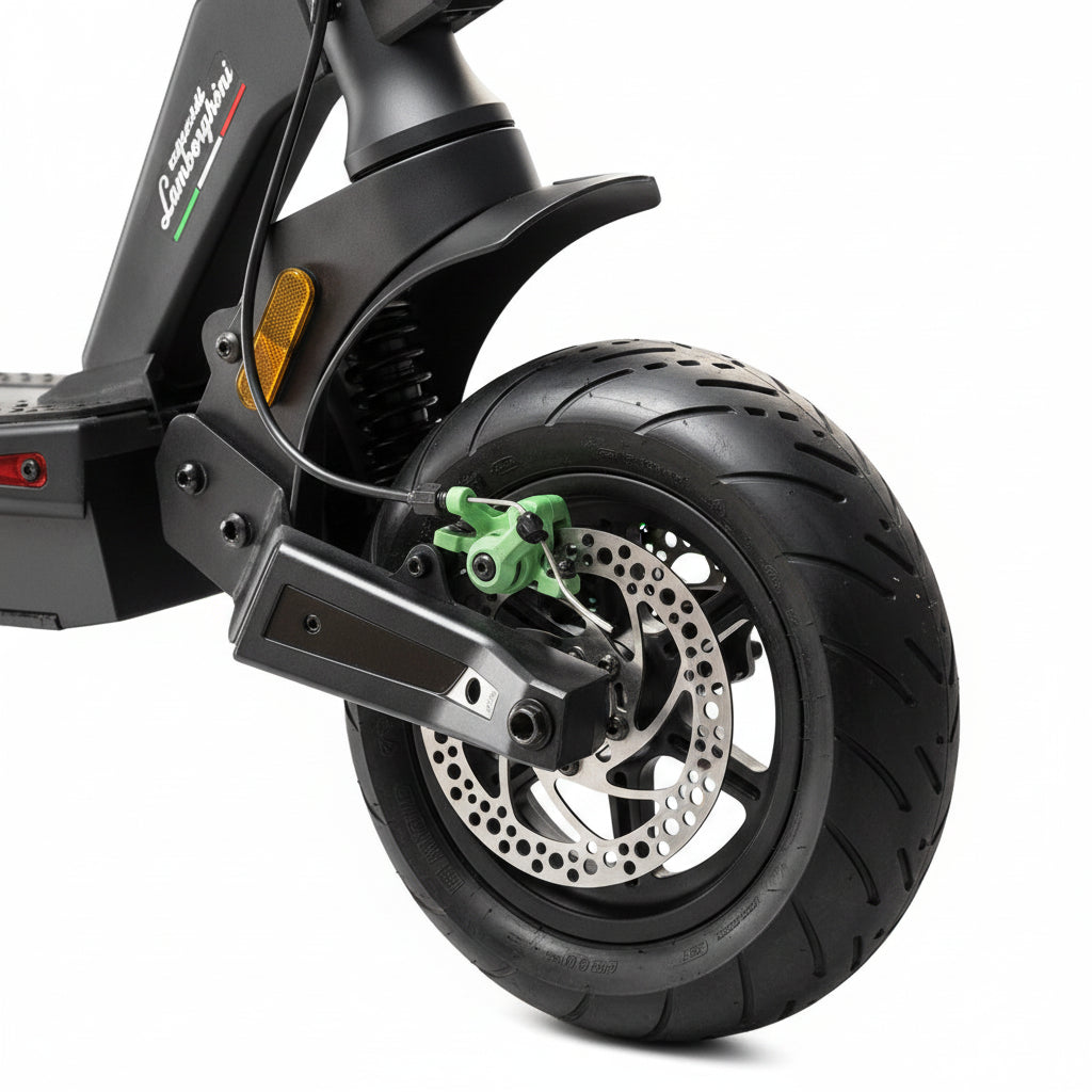 Close-up of a black Lamborghini ALEXT Urban Pro Electric Scooter showing the front wheel and suspension fork