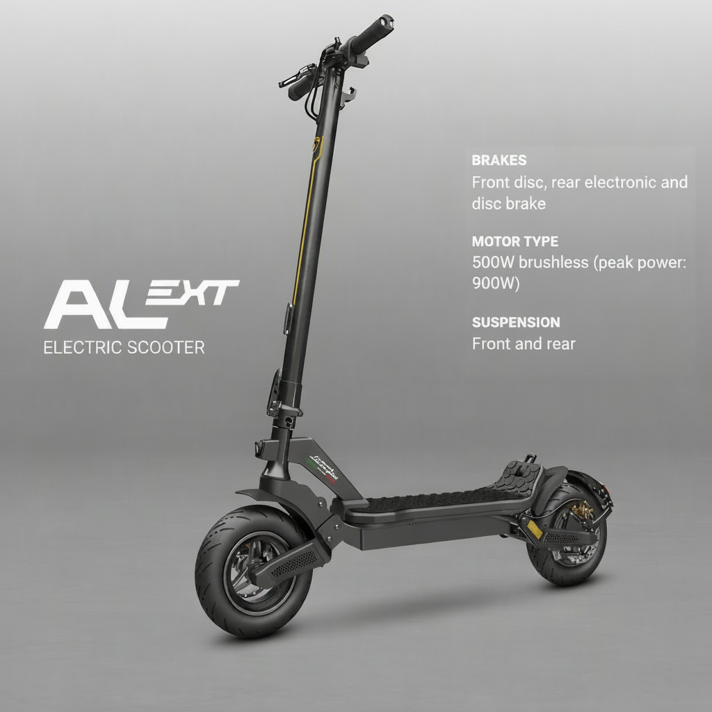 A black Lamborghini ALEXT Urban Pro Electric Scooter with product specs