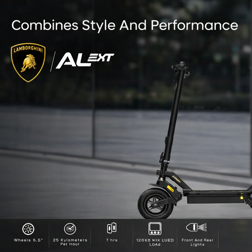 A black Lamborghini ALEXT Urban Pro Electric Scooter, shown, Combines Style And Performance