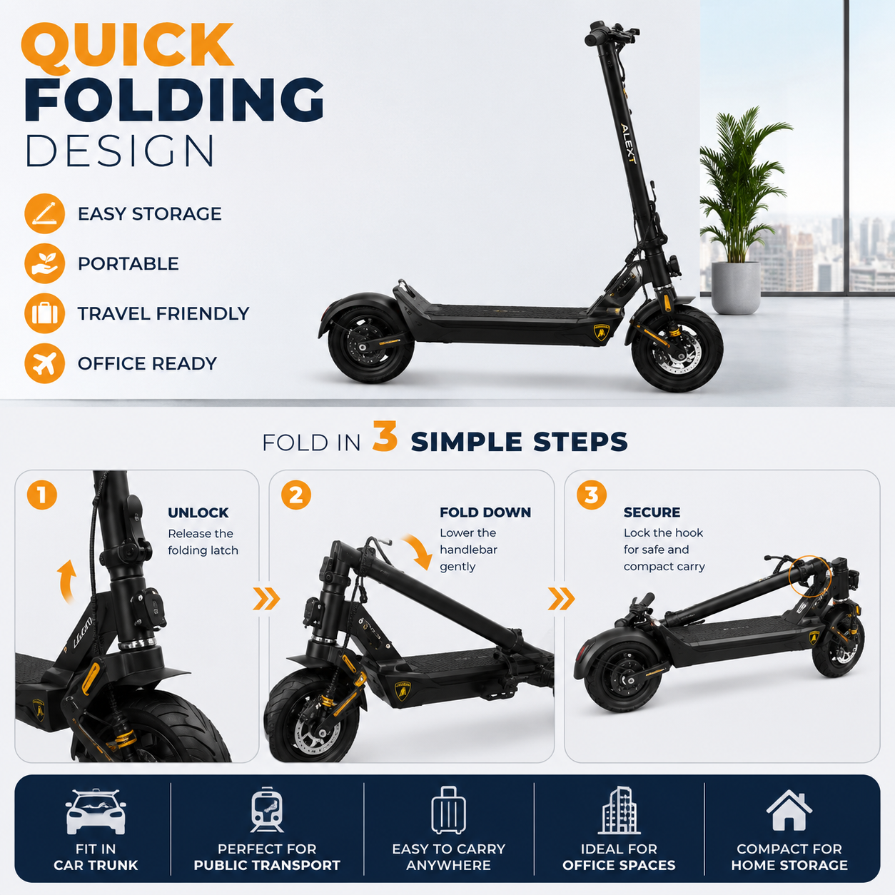 Black electric folding scooter with feature callouts, step-by-step folding instructions, and usage benefits.