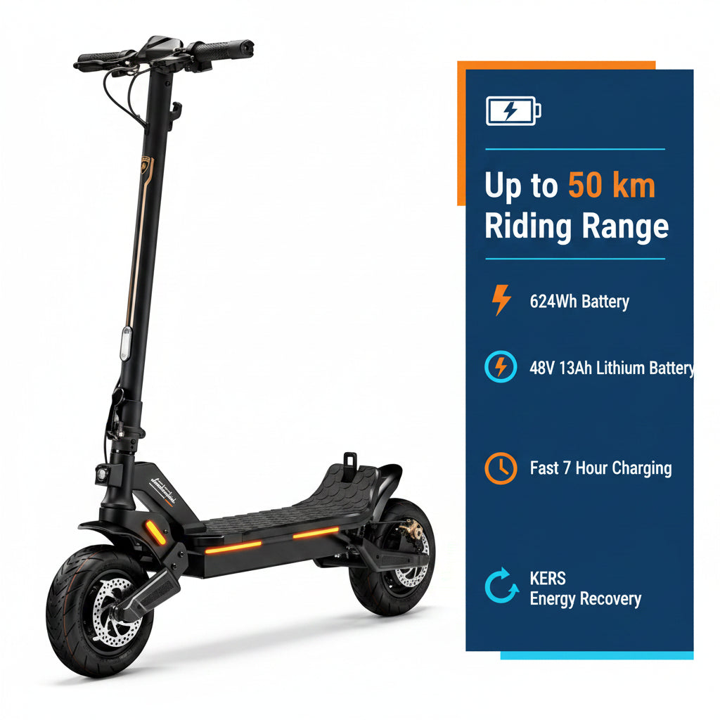 A black licensed Lamborghini 48V Pro Foldable Electric Scooter with 50 km riding range