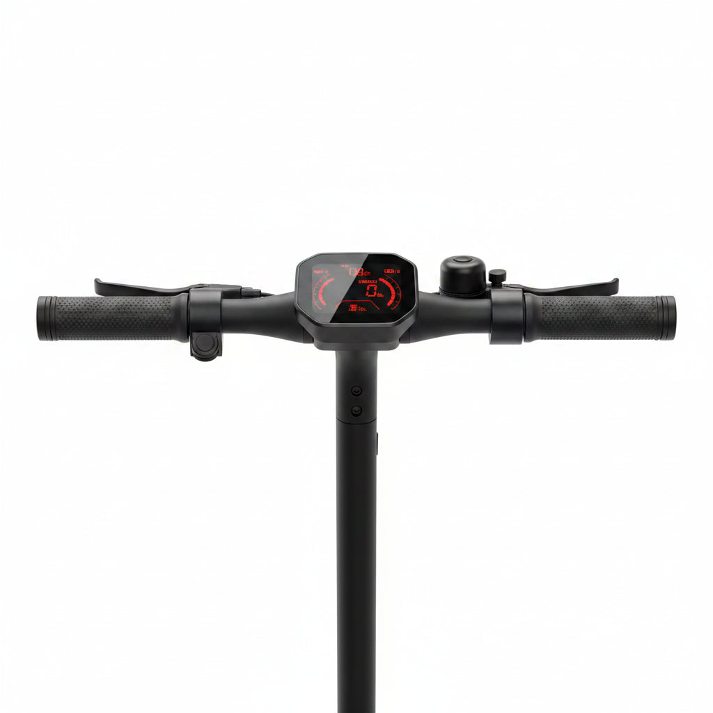 Black Lamborghini electric scooter handlebar with a central digital display screen