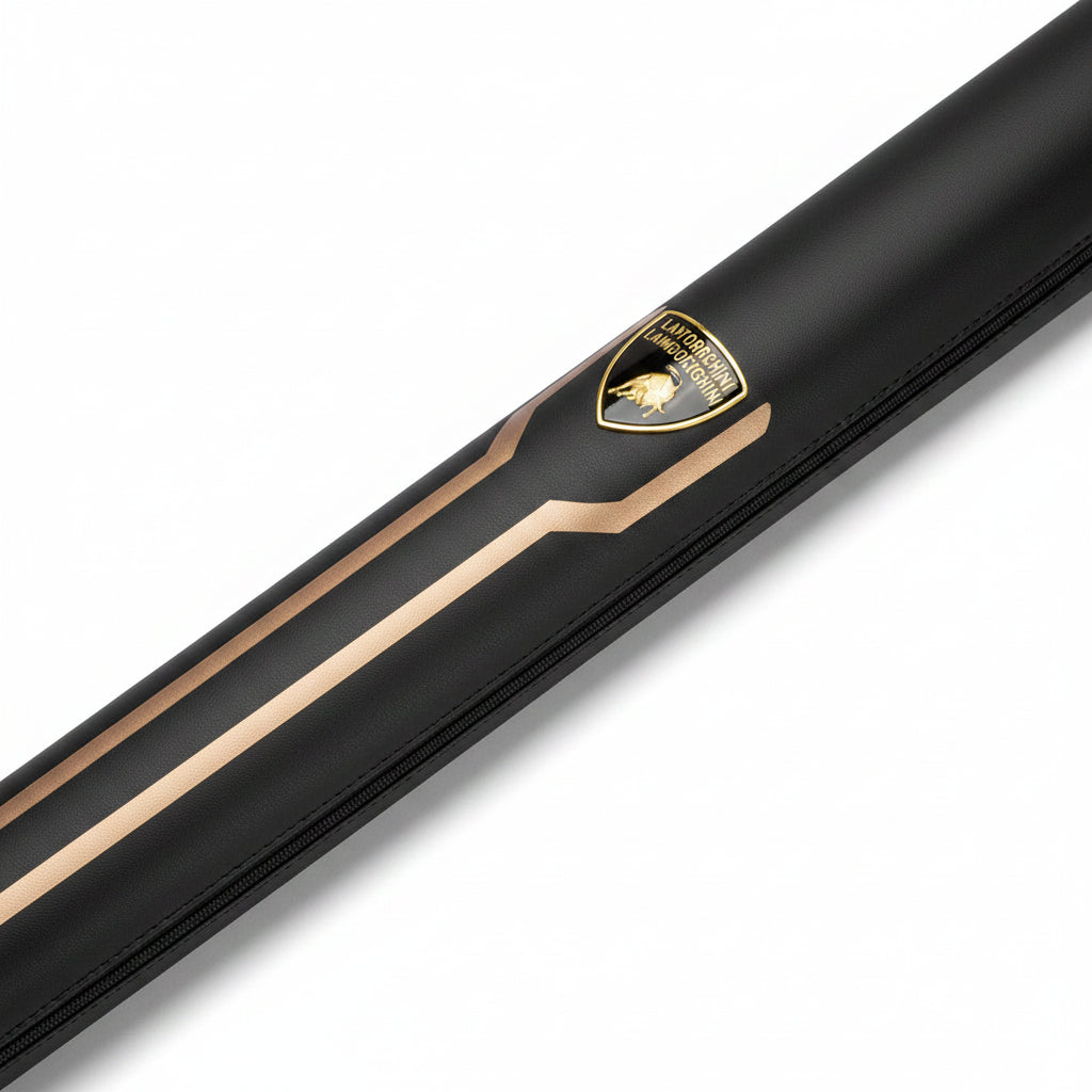 A close-up of a black Lamborghini ALEXT Urban Pro Electric Scooter frame featuring gold stripes and a gold Lamborghini logo