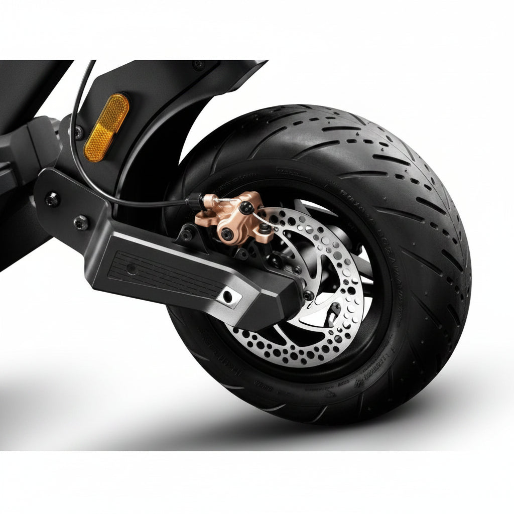Close-up of a black Electric scooter rear wheel with a black tire
