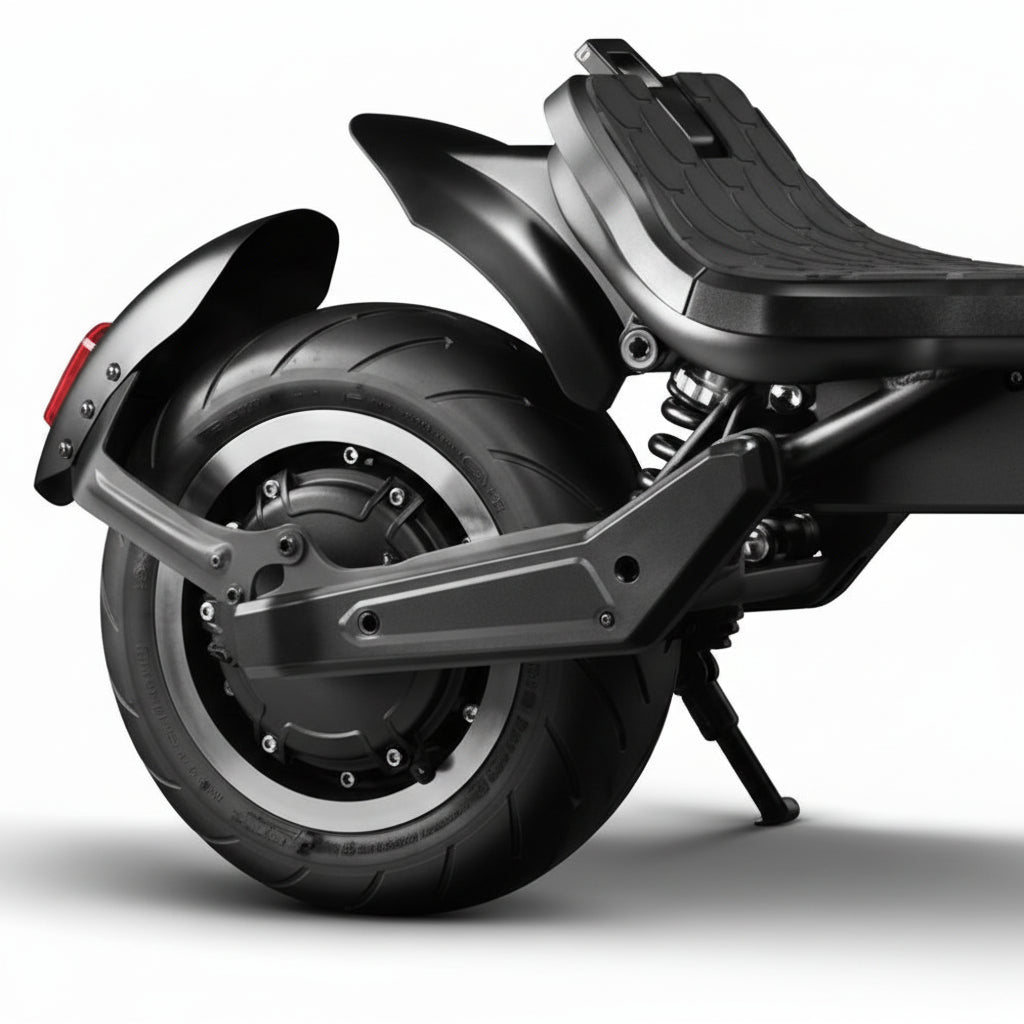 Close-up of the rear wheel and bodywork of a black electric scooter