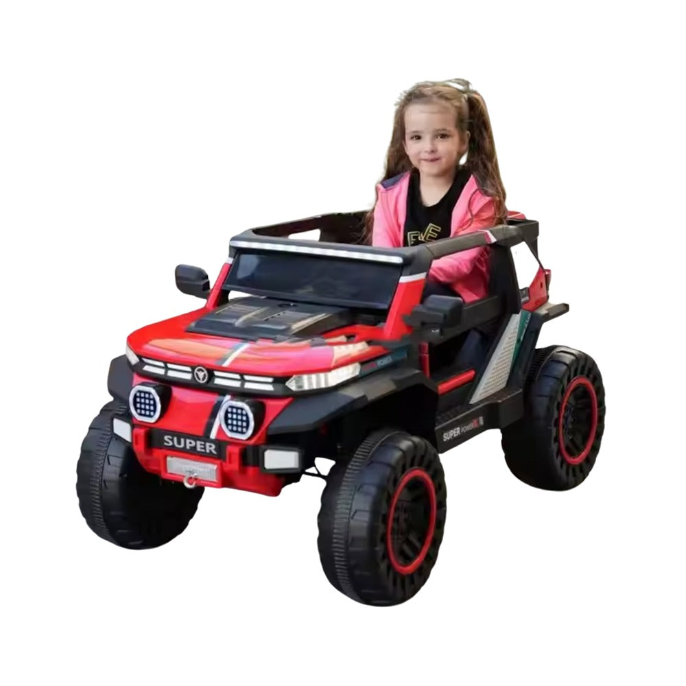 A child sitting in a red Kids Mini Jeep car
