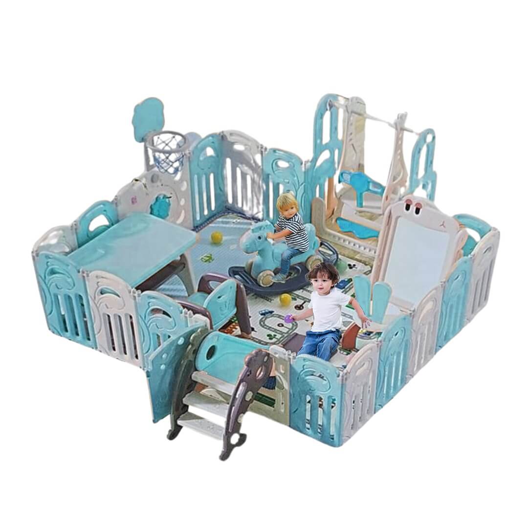 Megastar  Deluxe Large Play Pen with Multi-Functional Features & Activities-174*138*65cm-whiteblue