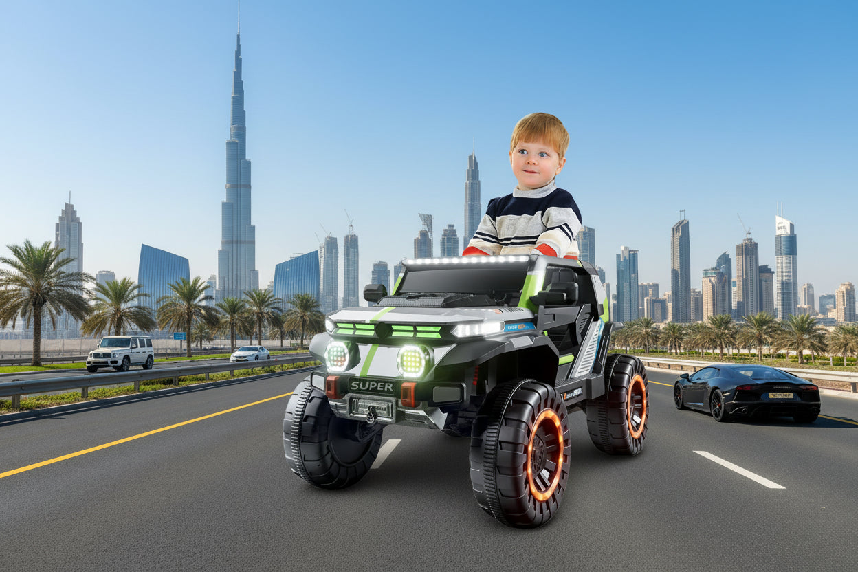 Child sitting in a toy truck with glowing EVA wheels