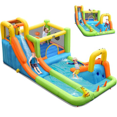 Inflatable water park with slides and pool area, featuring children playing.
