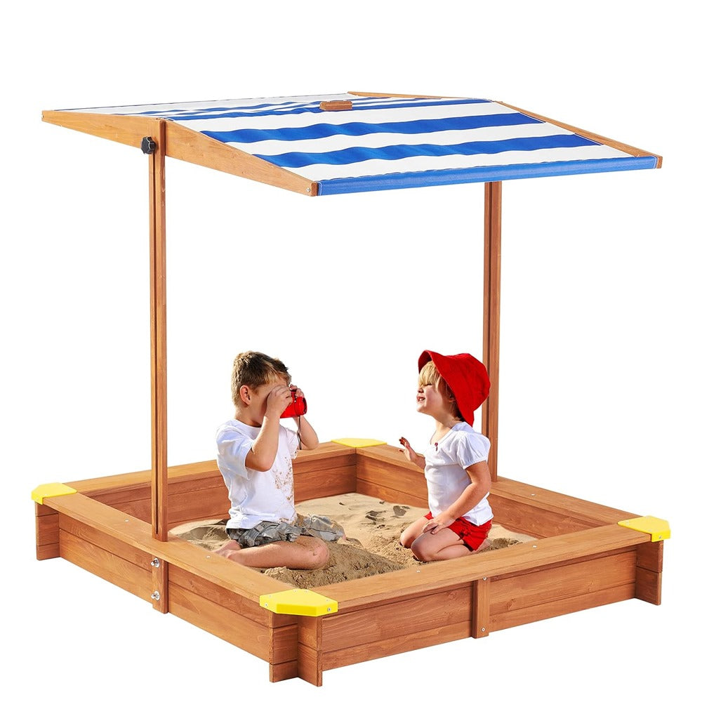 Megastar Kid’s Wooden Sandpit W/Adjustable Canopy for Backyard Play Sandbox With Cover 117x117 CM Outdoor Toys