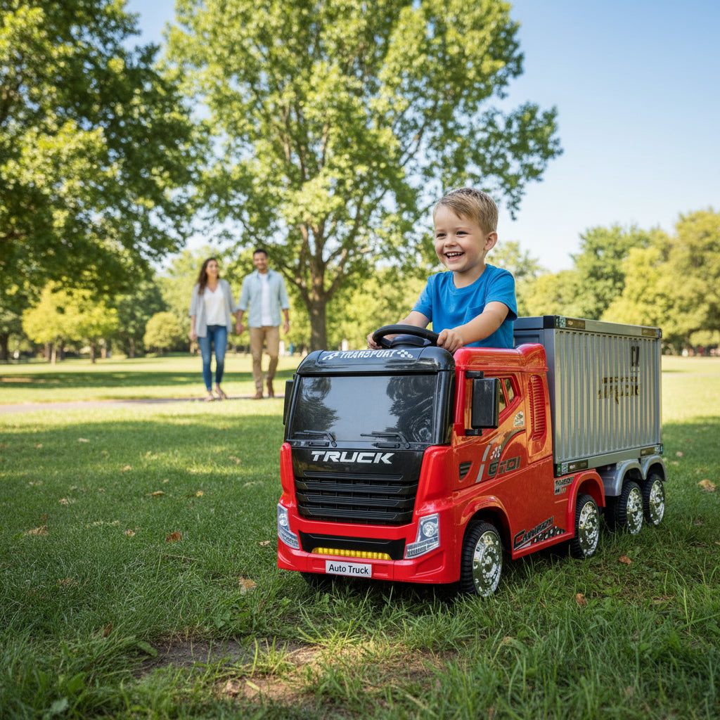 A Kids Enjoy Red Battery Towing Container Ride-On Truck  (180 x 66 x 76.5 cm)