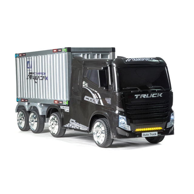 A black electric toy truck with a container  (180 x 66 x 76.5 cm)