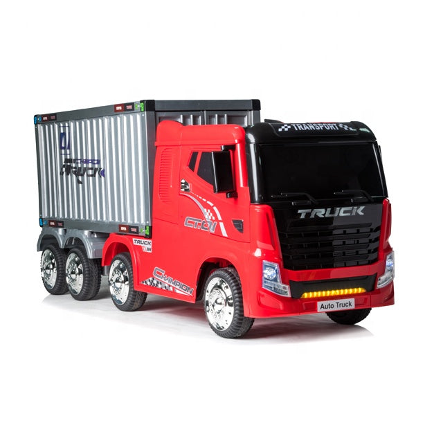 A red toy Kids truck with a silver shipping container