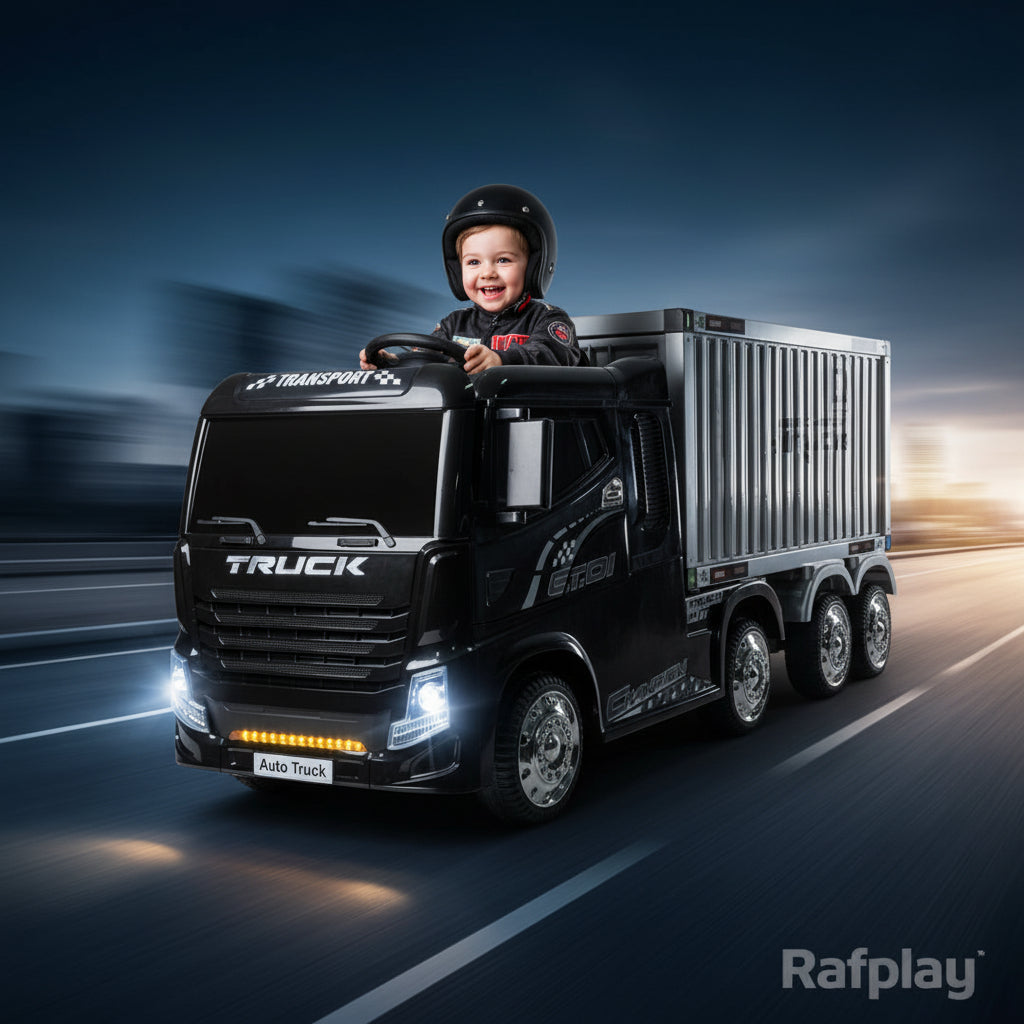 A kids' ride-on black electric toy truck with a black cab and a silver cargo container
