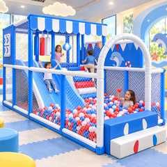 MegaStar AquaQuest Kids Indoor customised soft play sensory Playground with ball pit In blue colour 4 kids playing in it size 3.0m × 4.5m × 2.3m 