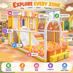 benefits shown for a MegaStar customised soft play AquaQuest Kids Indoor soft play Playground in yellow colour 3.0m × 4.5m × 2.3m 