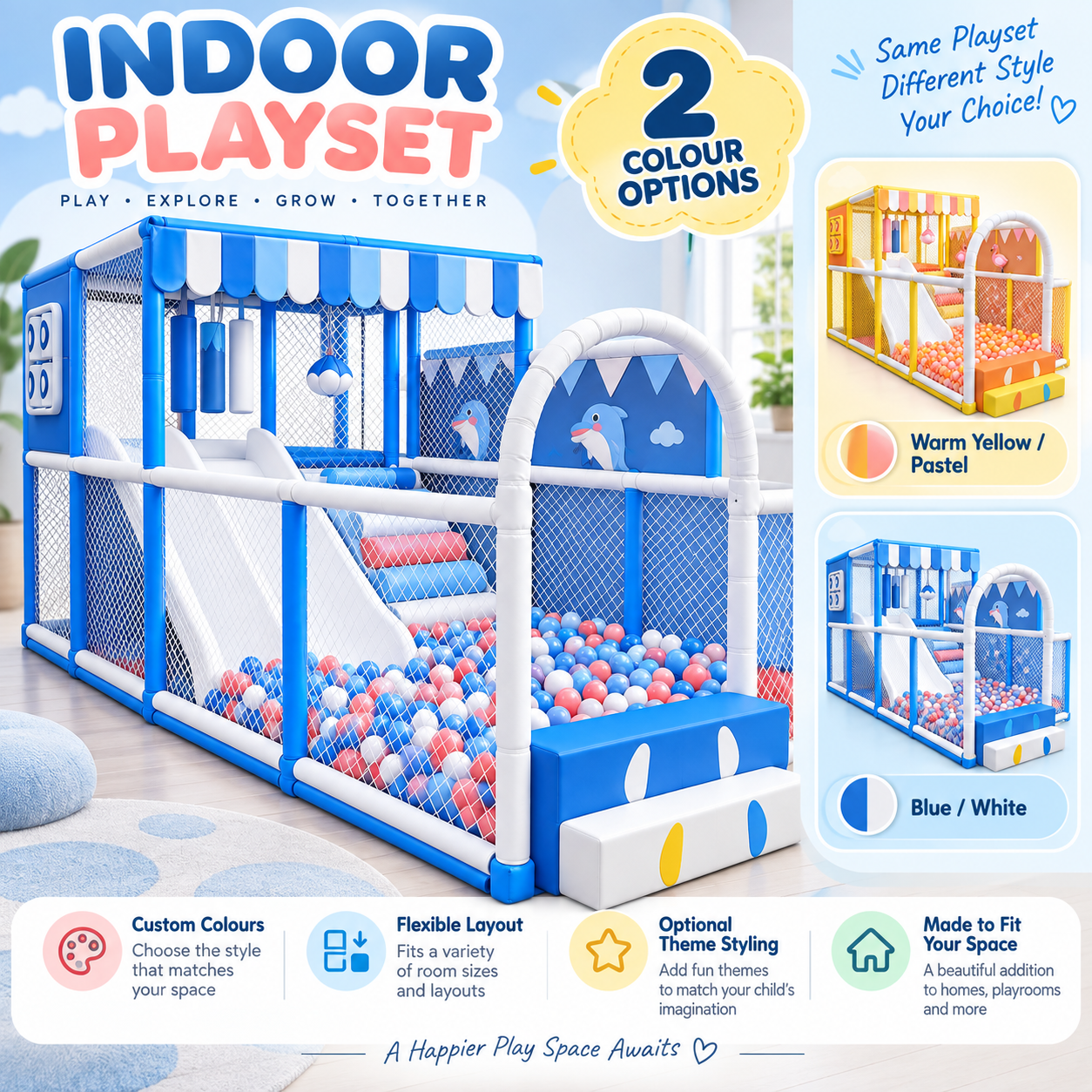 MegaStar AquaQuest Kids Indoor Playground with soft play ball pit showing the yellow and blue color variant available -3.0m × 4.5m × 2.3m 