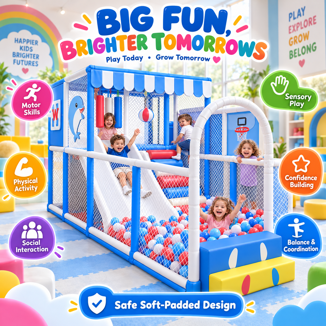 Blue MegaStar AquaQuest Kids Indoor Playground with multiple activities for resorts and parks customised to sizes 
