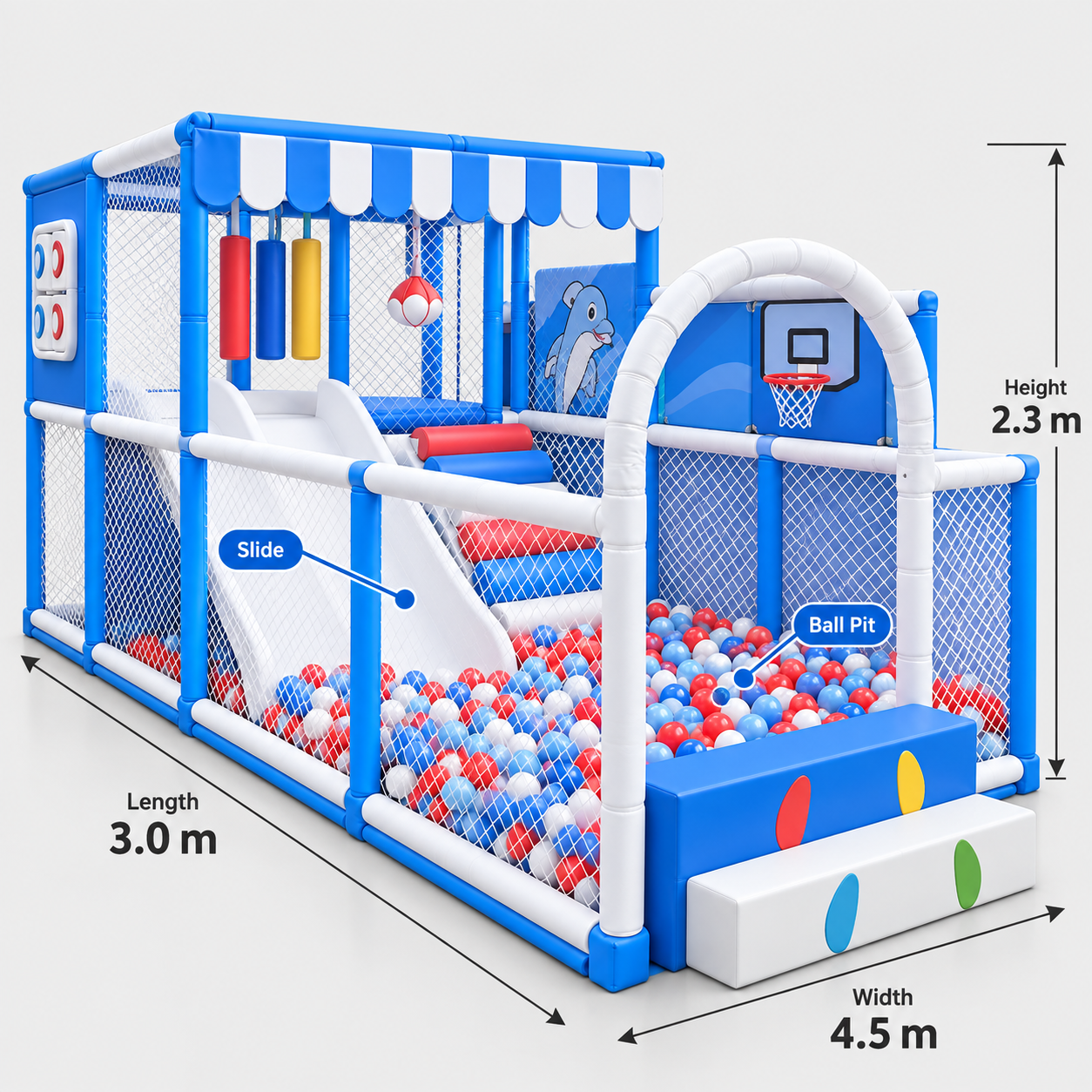 Blue MegaStar soft play ball pit customised AquaQuest Kids Indoor Playground Dimensions showing slides , punching bag activivities and multiple soft play activities