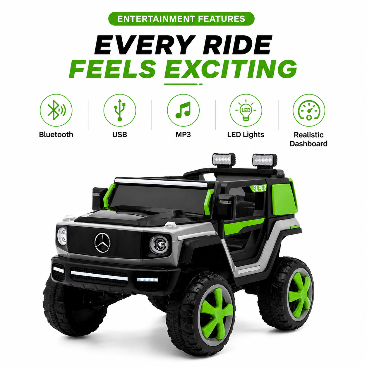 Green Mercedes-Benz-style kids' ride-on truck with feature icons for Bluetooth, USB, MP3, LED lights, and a realistic dashboard.