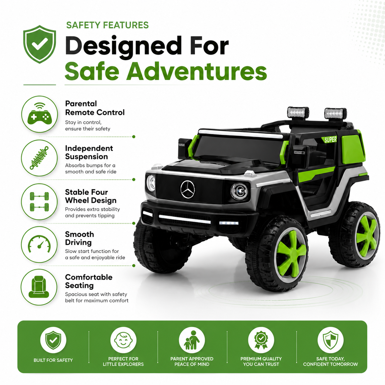 A Mercedes-Benz style kids' ride-on toy truck features safety, remote control, suspension, and seating.