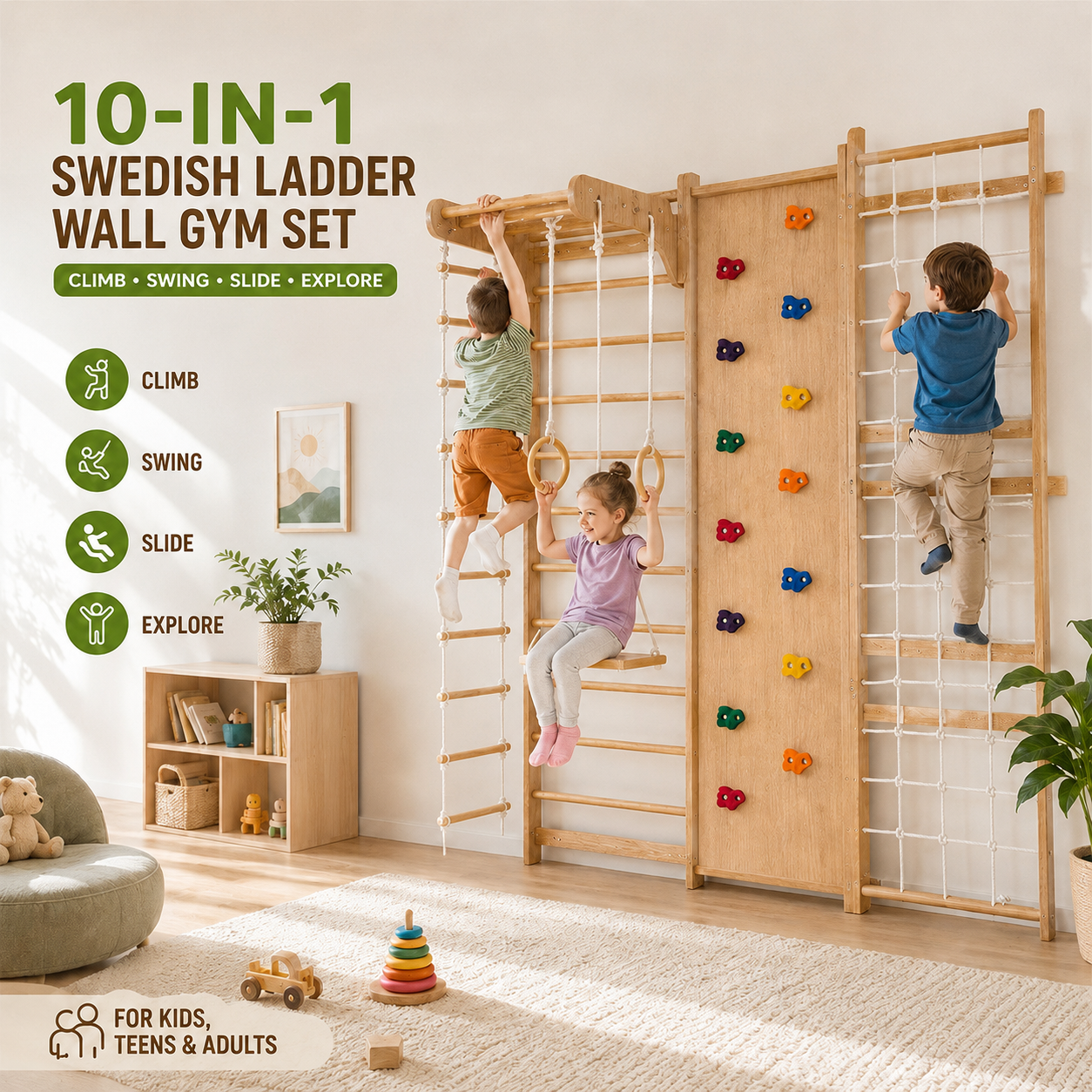 10-in-1 Swedish ladder wall gym set with children using it in a room.