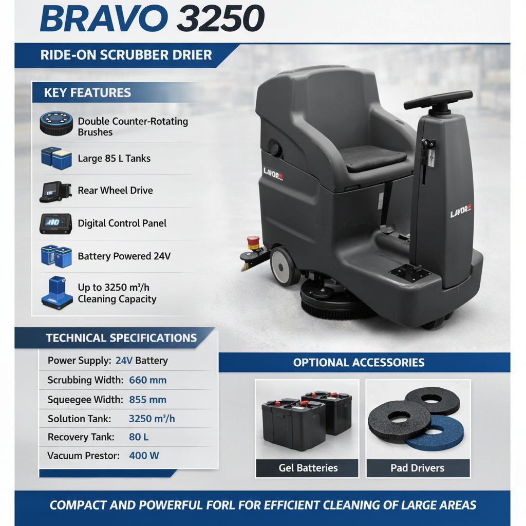 Megawheels BRAVO 3250 Ride-On Floor Scrubber Drier with feature callouts and technical specifications