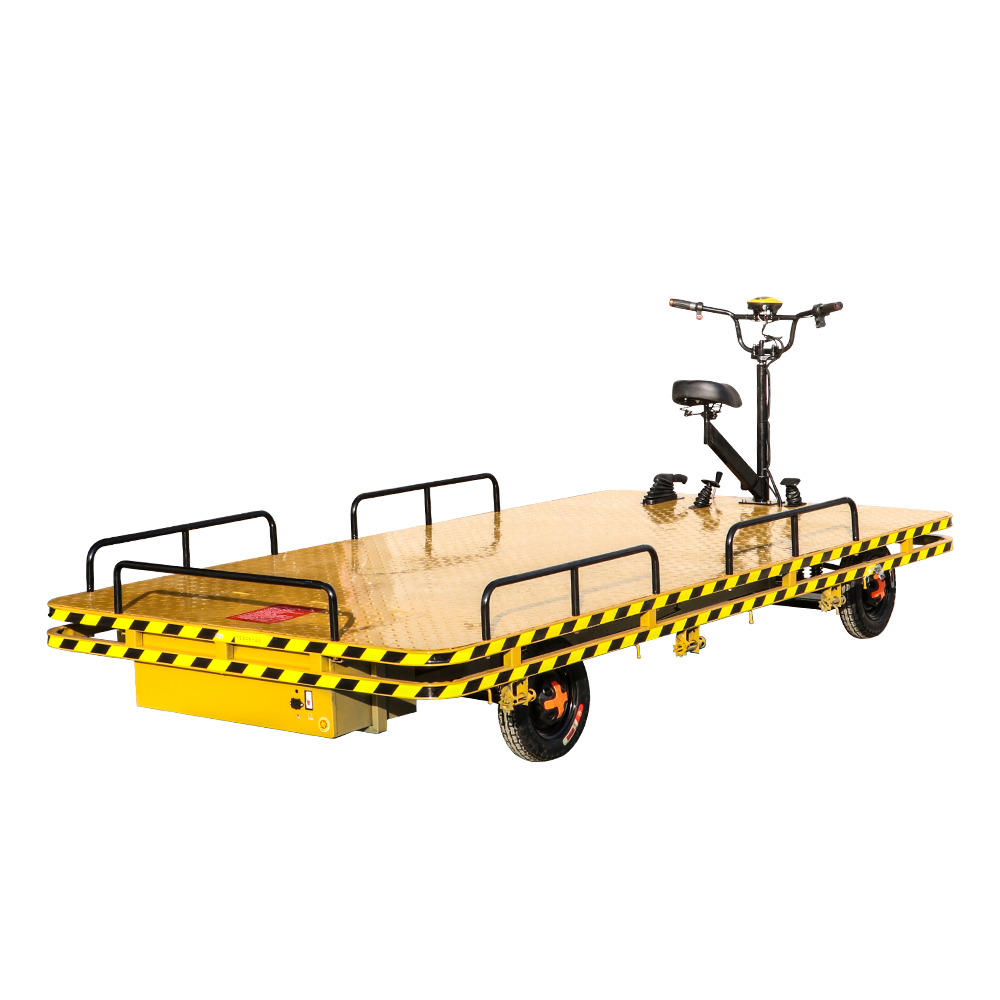 A yellow electric cargo platform  1.6 Metre commercial cargo cart with a flat deck and safety railings