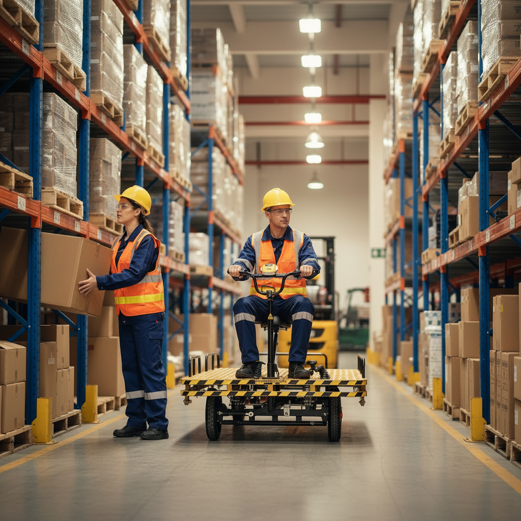 Two warehouse workers operate a small  1.6 Metre utility electric cart in tall shelves of packaged 