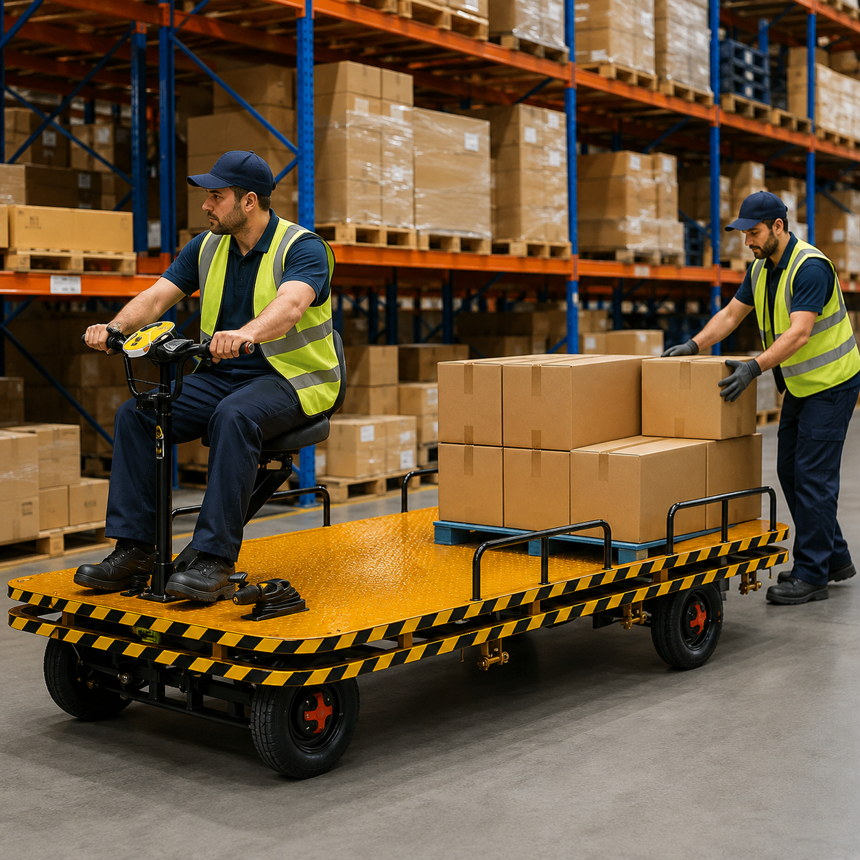 Two workers operating a yellow electric pallet cart  1.6 Metre loaded with cardboard boxes for commercial usage