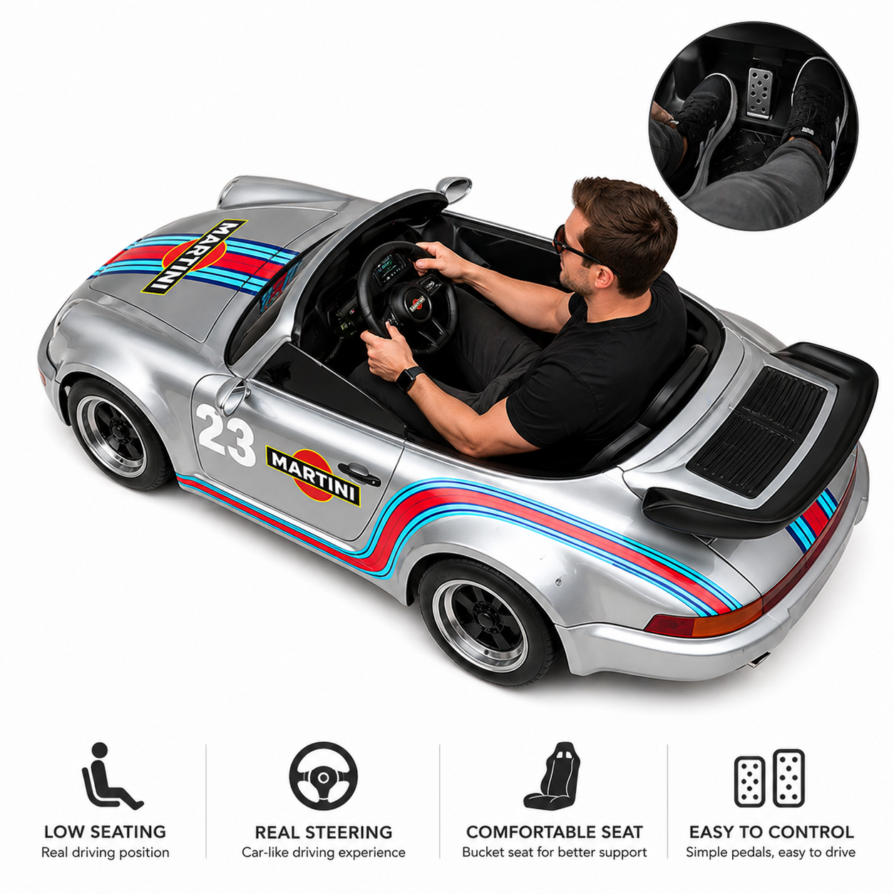 Man driving a Mini Porsche Martini Edition electric go-kart with a racing-inspired design feature